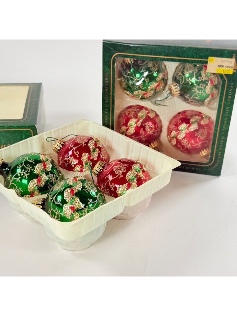 Christmas By Krebs Hand Decorated Glass Ornaments Red & Green With Gold 4 pk